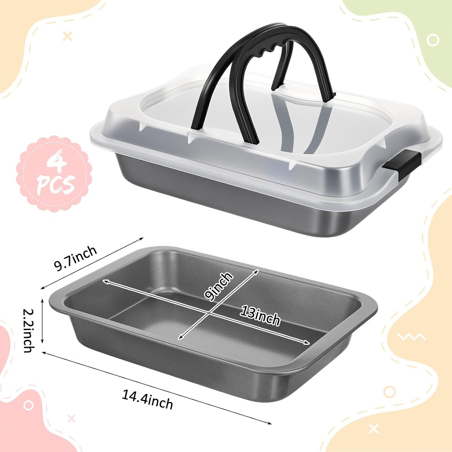 Qinyoung 1 Pcs Cake Baking Pan with Lid and Handle, 9 x 13 Inch Non-stick Rectangle Sheet Cake Pan Carrier for Brownie Roasting Cooking Baking (Black)