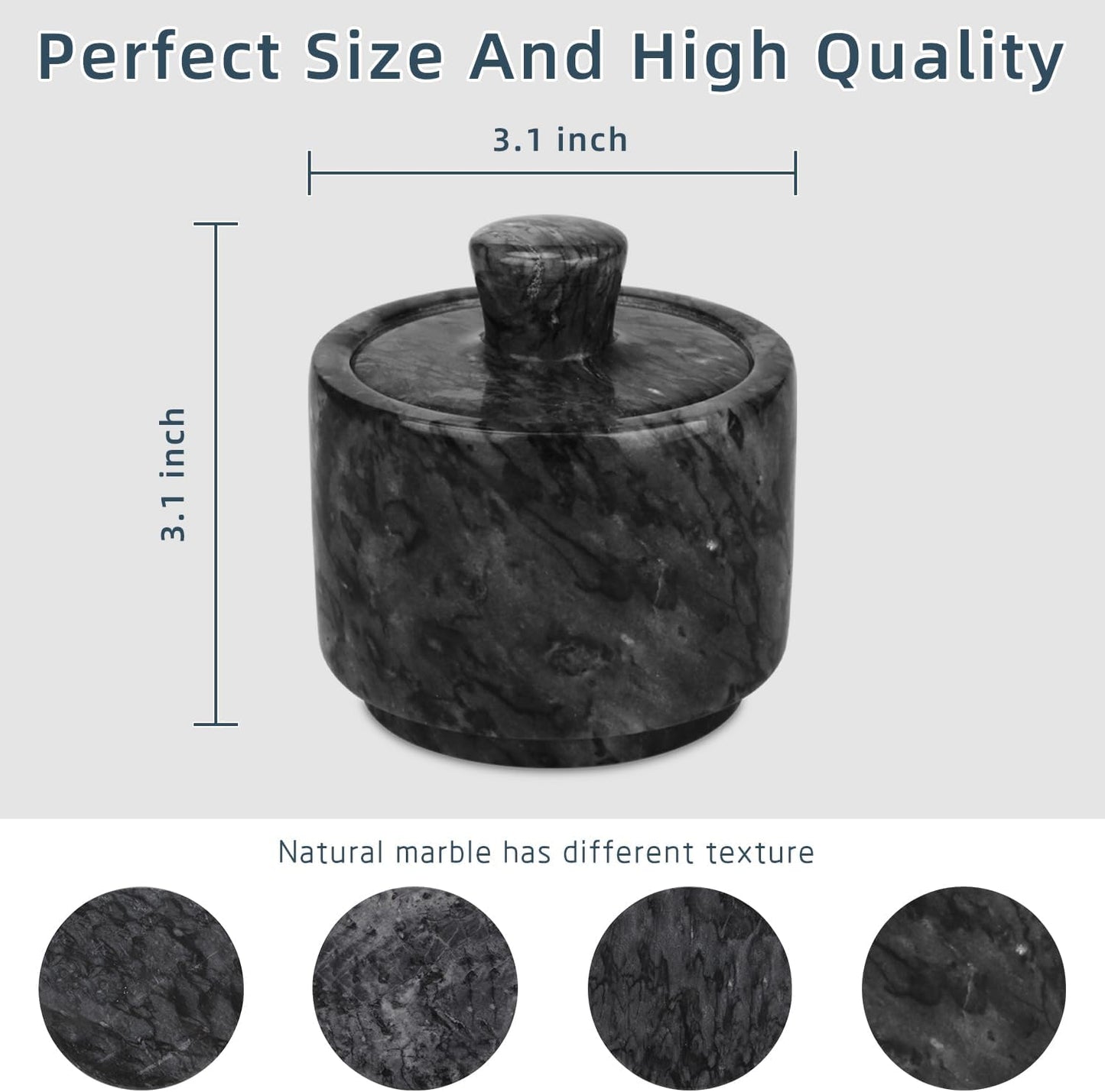 Marble Salt Cellar with Lid, White and Black Stone Salt and Pepper Bowl Box Container Jar Holder Well Keeper Dish Pig Crock