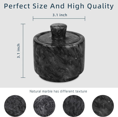 Marble Salt Cellar with Lid, White and Black Stone Salt and Pepper Bowl Box Container Jar Holder Well Keeper Dish Pig Crock