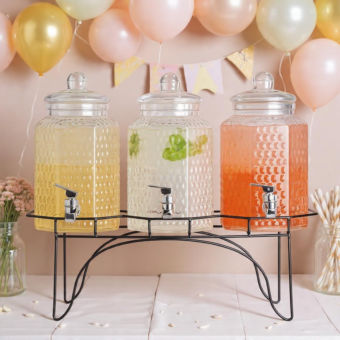 2 PACK 1.5 Gallon Drink dispenser, Glass Beverage Dispenser With Elegant Stand Stand, Drink Dispensers for Parties With Spigot 100% Leakproof. Perfect For Parties And Daily Use