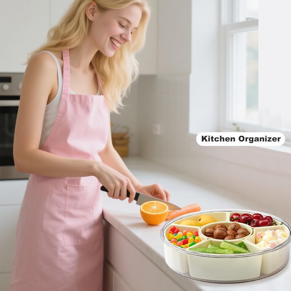 Rotating Divided Serving Tray with Lid and Handle,6 Compartments Snackle Box Container,12" Large Snack Spinner Lazy Susan,Fruit Veggie Tray Portable Round Snack Box Candy Fridge Organizer Platterbox