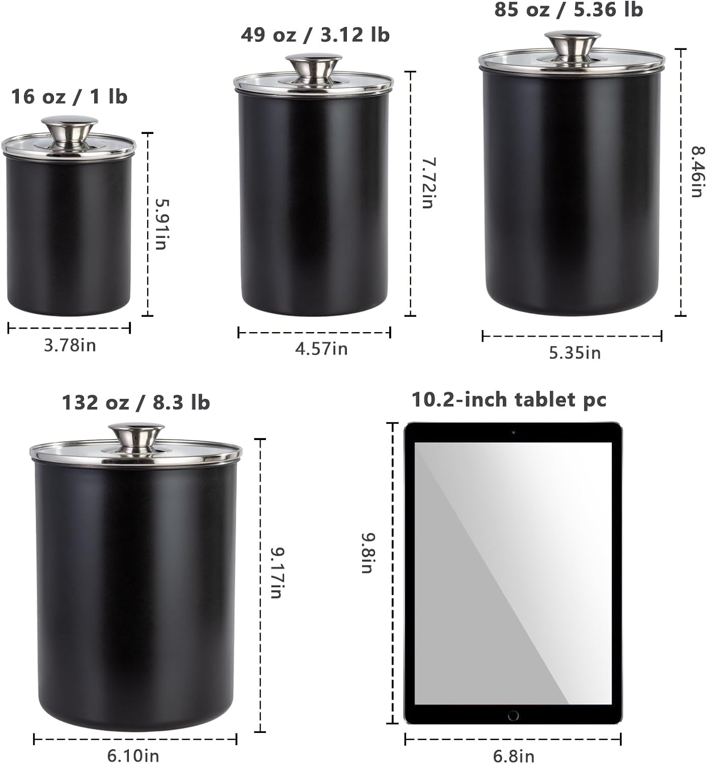 malmo Stainless Steel Food Canister Set of 4-Piece, 16/49/85/132 Ounces,Airtight Containers with Glass Lid for Tea,Coffee,Sugar,Flour,Pantry Kitchen Storage Storeroom Counter (Blue)