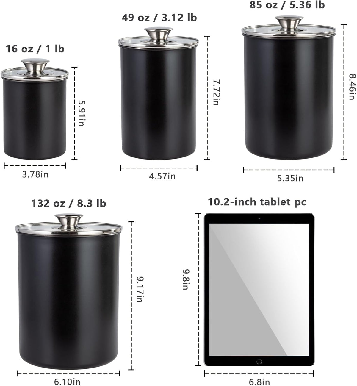 malmo Stainless Steel Food Canister Set of 4-Piece, 16/49/85/132 Ounces,Airtight Containers with Glass Lid for Tea,Coffee,Sugar,Flour,Pantry Kitchen Storage Storeroom Counter (Blue)