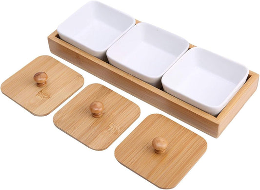 Joyzan Ceramic Divided Serving Dishes, Porcelain Snack Nut Condiments Appetizer Bowl Lids Dip Candy Platter Relish Bamboo Tray Removable Food Display Container Fruit Dessert Potato Chip Birthday Party
