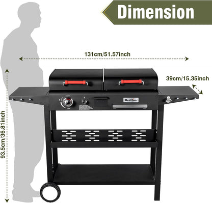 Propane Gas Griddle Charcoal Grill Combo Flat Top Griddle W/Dual Lids & 2 Side Shelves Dual Fuel BBQ Grill for Outdoor Barbecue