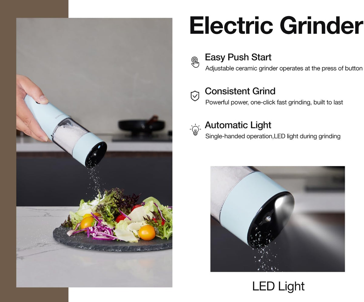 Stainless Steel Rechargeable Electric Salt and Pepper Grinder Set – USB Charging, One-Hand Electric Mill, Adjustable Coarseness, LED Light & Dust Cover –2pack(Greige & Buttercream)