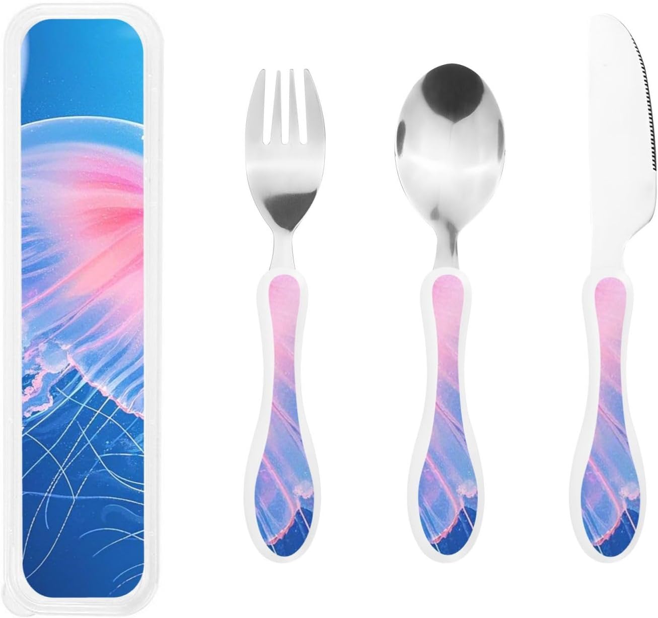 3-Piece Kids Silverware Set With Storage Case, Stainless Steel Reusable Children Safe Knife Spoon Fork Set Dreamy Jellyfish Print Children Flatware Set For Kids Lunch Box