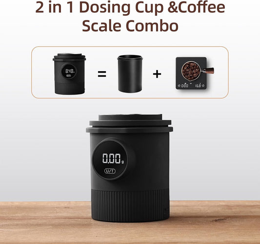 Espresso Dosing Cup with Scale, 58mm Coffee Dosing Cup and Digital Scale 0.01g Precision, USB-C Rechargeable Waterproof Stainless Steel, 500g x 0.01g for Barista, Silver