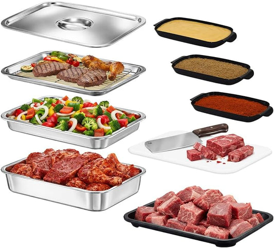 10-Piece Grill Prep and Carry System, Stainless Steel BBQ Prep and Serve Trays with Lid, Dishwasher Safe Cutting Board, Ingredient Prep Trays & Meat Marinade Container for Outdoor Grilling