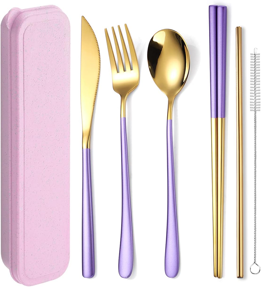 AARAINBOW 6 Pieces 18/8 Stainless Steel Flatware Set Portable Reusable Cutlery Set Travel Utensils Set Including Chopsticks Knife Fork Spoon Straws Cleaning Brush Dishwasher Safe (Green golden)
