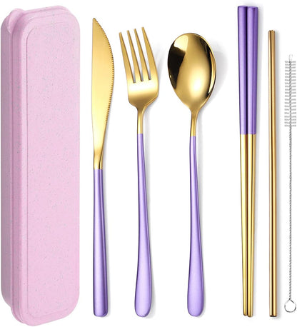 AARAINBOW 6 Pieces 18/8 Stainless Steel Flatware Set Portable Reusable Cutlery Set Travel Utensils Set Including Chopsticks Knife Fork Spoon Straws Cleaning Brush Dishwasher Safe (Green golden)