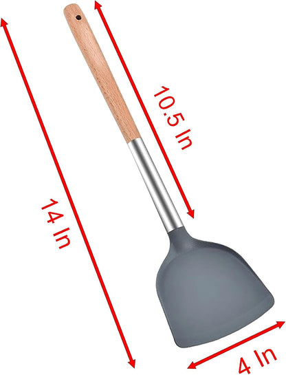 Silicone Spatula Shovel, 14 Inch Gray Turner High Temperature Resistance with Wooden Handle for Cooking and Fried (1)