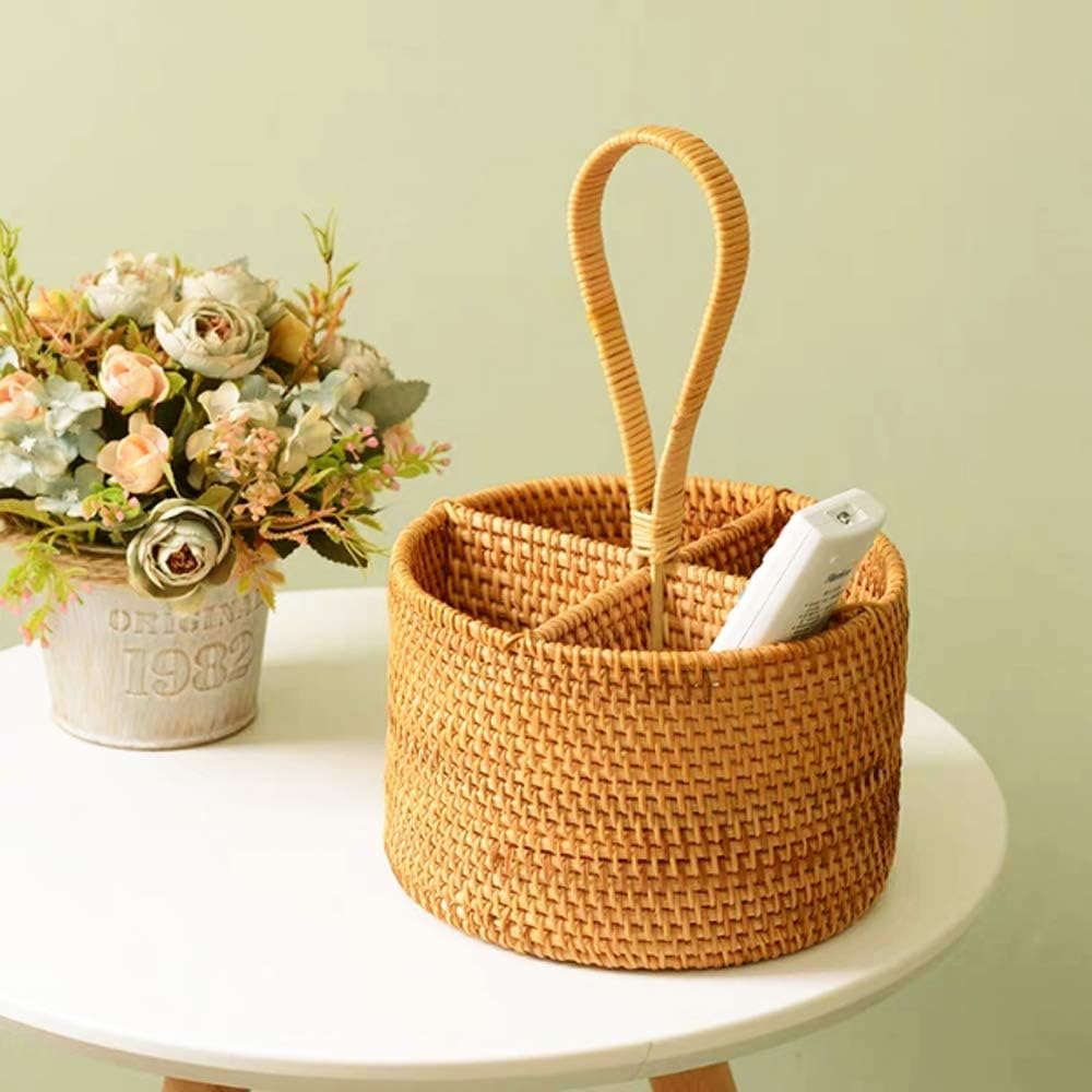 i-lan Set of 2 Rattan Utensil Caddy with Handle (7 Inch) - 4-Section Woven Wicker Silverware Holder for Tea Bags & Condiments, Boho Divided Organizer Basket for Kitchen Countertop, Party & Picnic