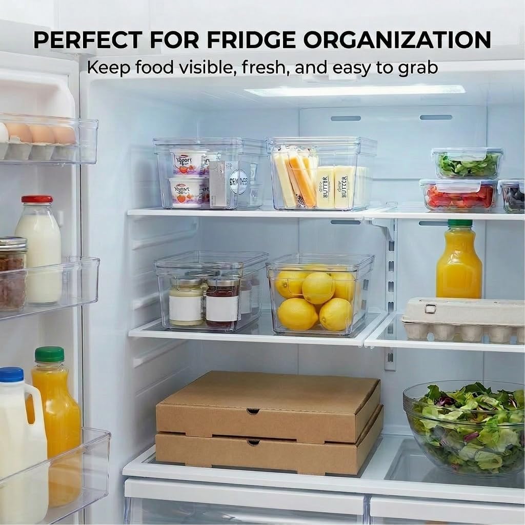 MOONEDGE Small Clear Plastic Storage Bins with Lids and Handles,Stackable Small Item Organizer Containers for Vanity,Craft,Office,Fridge,Kitchen,Pantry,Bathroom,Closet - 4 Pack (10×6×5 in)
