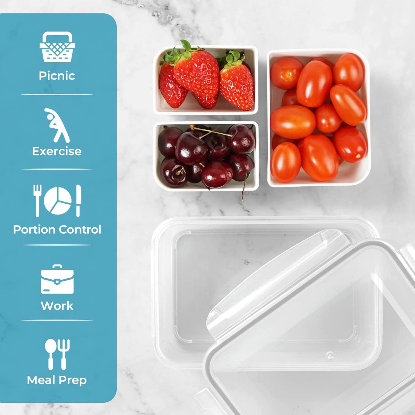 carrotez Food Storage Containers with 3 Removable Compartments, Food Prep Container with Airtight Lids, Portion Control Container, Microwave Safe, Reusable, 4.64 Cup (1100ml)