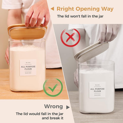 CZZGSM 2 Pack Square Glass Flour and Sugar Containers with 132 Kitchen Pantry Labels - Thicken 149 FL OZ Large Glass Storage Jars with Airtight Bamboo Lid - Big Food Canisters for Rice, Pasta, Cookie