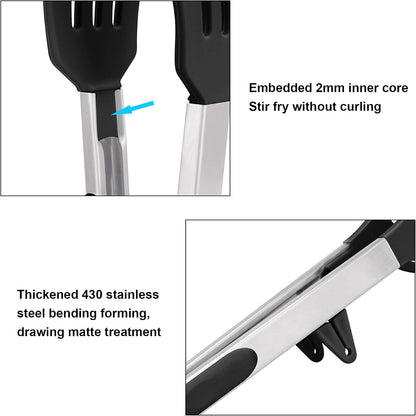 4in1 Stainless Steel Kitchen Food Tongs Set for Cooking with Silicone Tips, Toaster Steak Pie Pizza Pasta Spaghetti Noodles Salad Fruit Vegetable Grill BBQ Buffet Clamp Serving Tools Gadgets