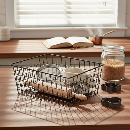Kitchen Wire Baskets Farmhouse Decor Metal Food Storage Organizer,Household Refrigerator Bin with Built-in Handles for Cabinets, Pantry, Bathroom,2 Packs(white)