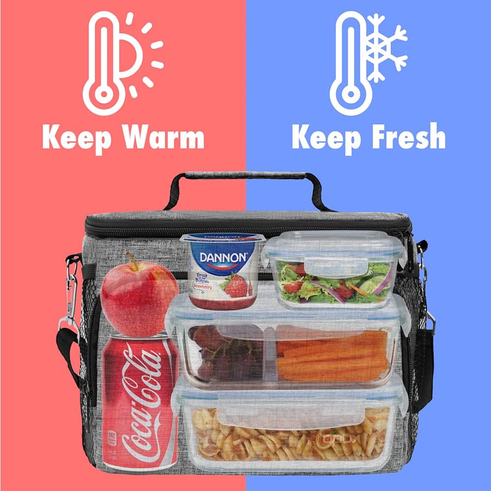 opux Insulated Lunch Bag for Men Women, Large Dual Compartment Cooler Bag, Soft Two Deck Lunch Box for Work School Picnic, Leakproof Lunch Tote with Shoulder Strap for Kid Adult (Purple, Double Deck)