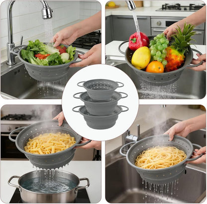 CEYAZYE Collapsible Colander Set of 3, Silicone Space-Saving Foldable Kitchen Pasta Strainer, Heat-Resistant Fast Draining Basket with Non-Slip Base and Handles, Food Strainer for Fruit, Vegetables