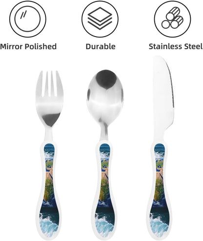 3-Piece Kids Silverware Set With Storage Case, Stainless Steel Reusable Children Safe Knife Spoon Fork Set Dreamy Jellyfish Print Children Flatware Set For Kids Lunch Box