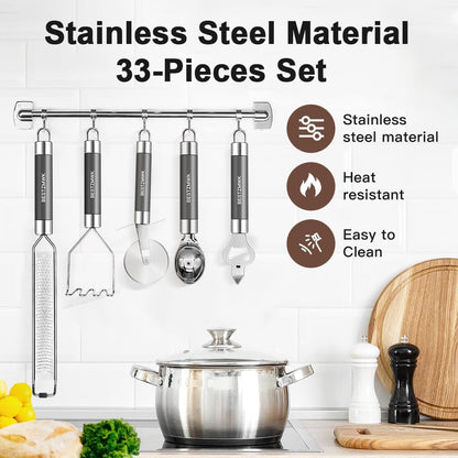 Kitchen Utensils Set-Silicone Cooking Utensils-33pcs Non-Stick Silicone Cooking Kitchen Utensils Spatula Set with Holder-Best Kitchen Cookware with Stainless Steel Handle (Khaki)