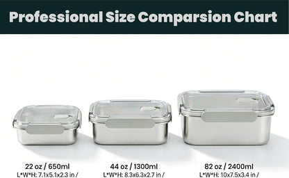 Stainless Steel Food Storage Containers Set, Airtight with Vacuum Seal, Set of 3 (22/44/82 oz), Stackable, Dishwasher & Freezer Safe for Meal Prep and Leftovers Storage