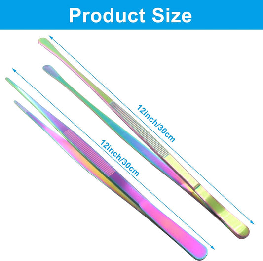 2 Pcs Stainless Steel Tweezers Tongs, 12 Inch Extra-Long Tweezers with Precision Serrated Tips for Kitchen Cooking, Baking, Garden (Rainbow)