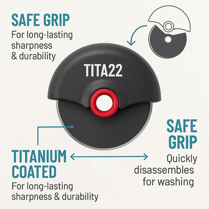 TITA22™ Titanium Coated Pizza Cutter Wheel – Ultra Sharp & Durable, Rust Resistant, Ergonomic Safe Grip Handle, Dishwasher Safe, Detachable Blade for Easy Cleaning – Professional Pizza Slicer