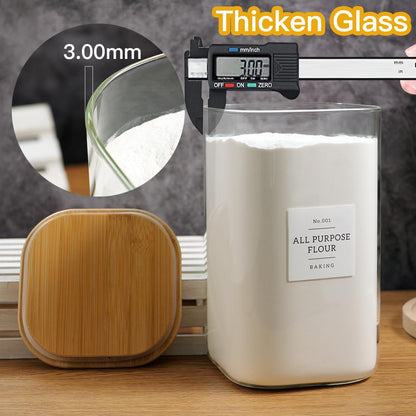 Large glass flour and sugar containers with 132 Kitchen Pantry Labels - 110 oz Glass Food Storage Containers with Airtight Lids - Square Glass Jars with Bamboo Lids for Rice, Pasta, Cookies, grain