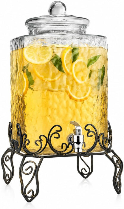 3 Gallon Glass Drink Dispenser with Metal Stand & Lid – Hammered Beverage Dispenser with Leakproof Spigot, Wide Mouth for Easy Fill – Ideal for Parties, Lemonade, Iced Tea, Sangria & More