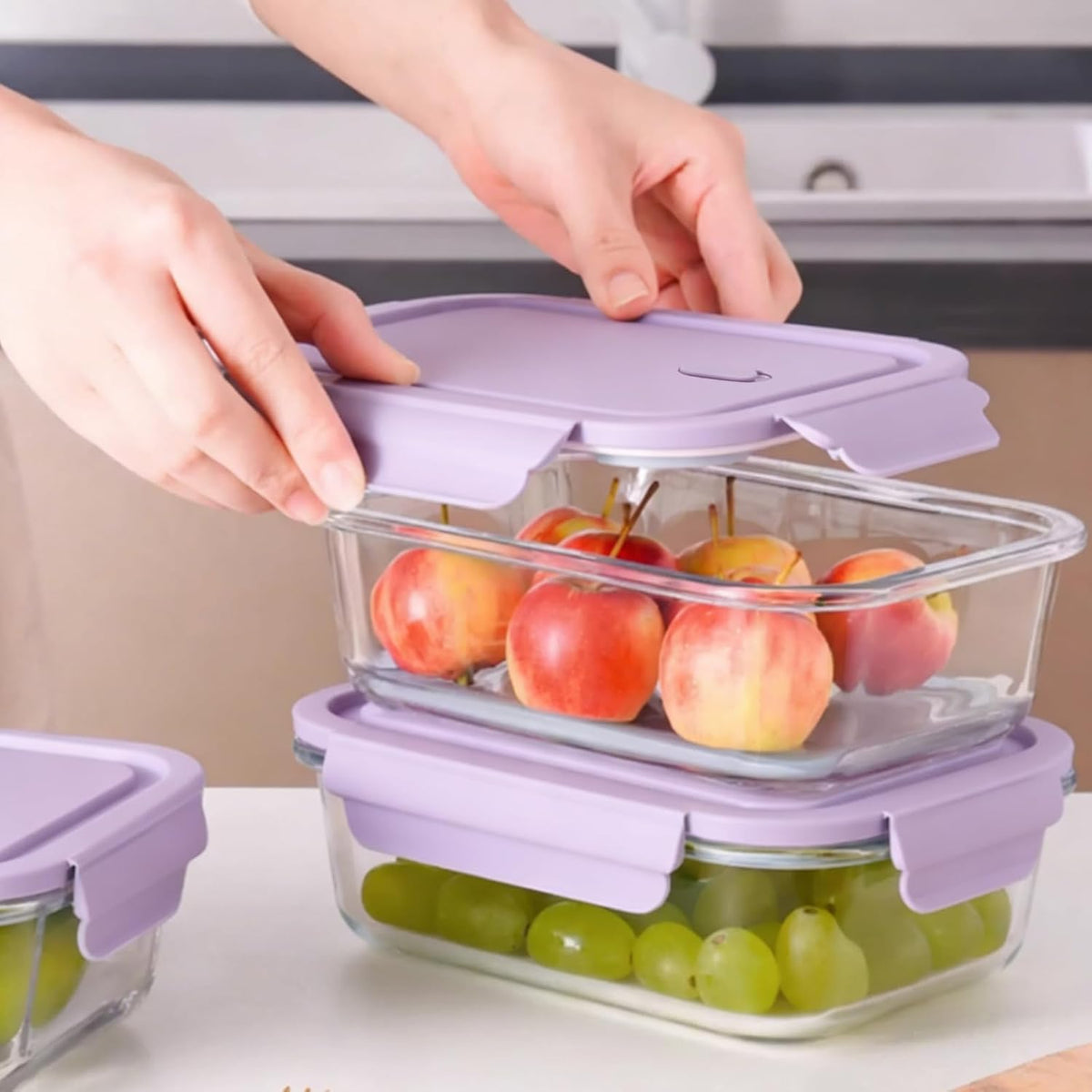Glass Food Storage Containers with Lids, Airtight Meal Prep Containers, 4 Pack Set with Multiple Sizes (Purple)