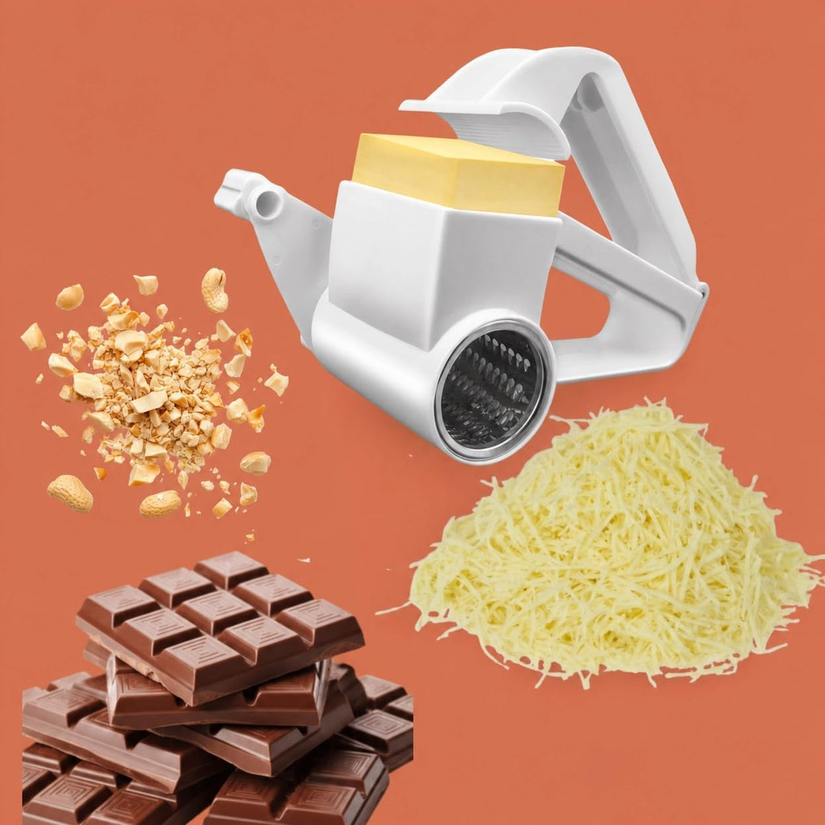 Rotary Cheese Grater with 3 Stainless Steel Drums – Handheld Cheese grater Shredder for Hard Cheese,Nuts & Chocolate | Fine, Coarse & Slicing Blades | White Body | Dishwasher Safe