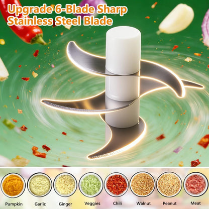 Electric Garlic Chopper, Upgrade 6 Blades, 320ML Wireless Food Processor, Mini Grinder for Kitchen,Mashing Nuts Chili Onion Minced Meat and Spices USB Rechargeable