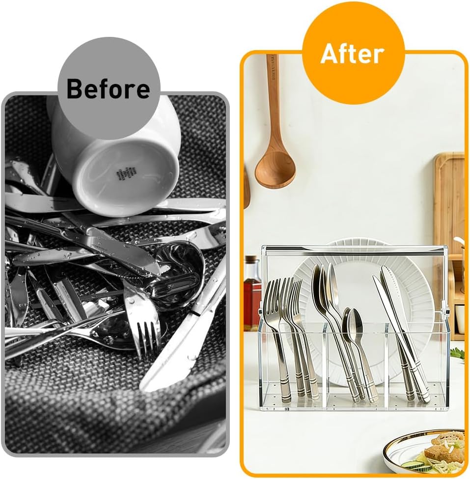Acrylic Silverware Organizer, Utensil Holder-Heavy-Duty Countertop, Cutlery and Flatware for Spoons, Forks, Knives, Napkins, Plates, Buffet, Picnic Party