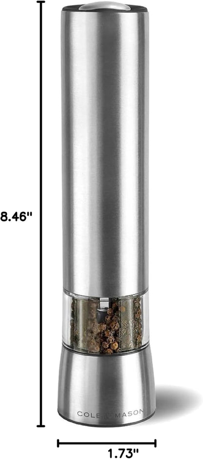 Cole & Mason Hampstead Electronic Pepper Mill - Electric Pepper Grinder Set - Adjustable Electric Spice Grinder - Hand Wash - Stainless Steel