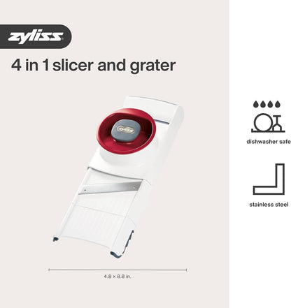 Zyliss Easy Control Handheld Slicer - Vegetable Slicer & Chopper - Fruit Cutter - Handheld Slicer with Two Stainless Steel Blades - Dishwasher Safe - White/Red, 13 inches