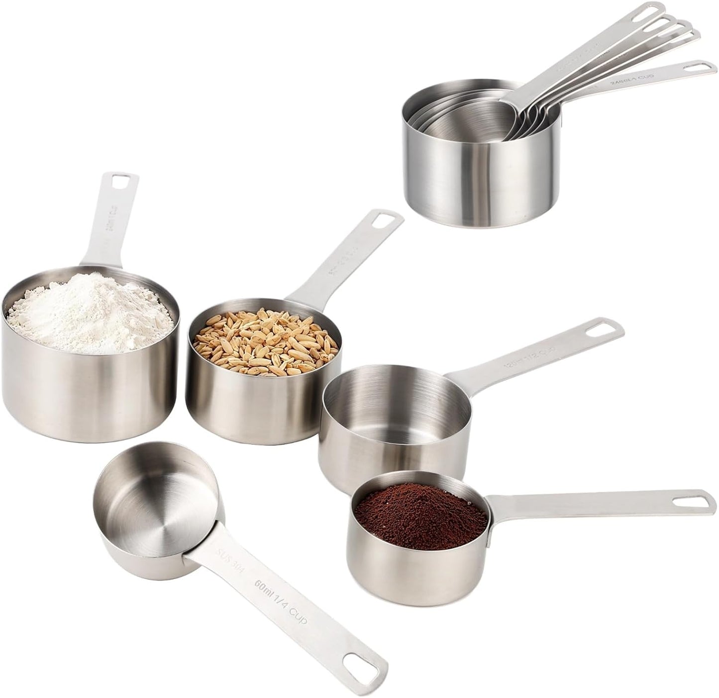 5 Pcs Stainless Steel Measuring Cups Set - Including 1/4, 1/3, 1/2, 2/3, 1 Cup All Clad Flat Bottom Spoons, Long-Term, Easy to Clean, Nesting Design for Kitchen Baking Cooking
