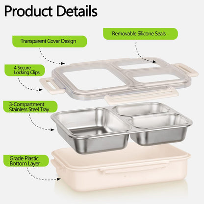 Stainless Steel Bento Box, 3 Compartments Leakproof Stainless Steel Snack Containers, 25 oz Premium 304 Metal Lunch Box for Adults, BPA-Free, Dishwasher Safe (Blue)