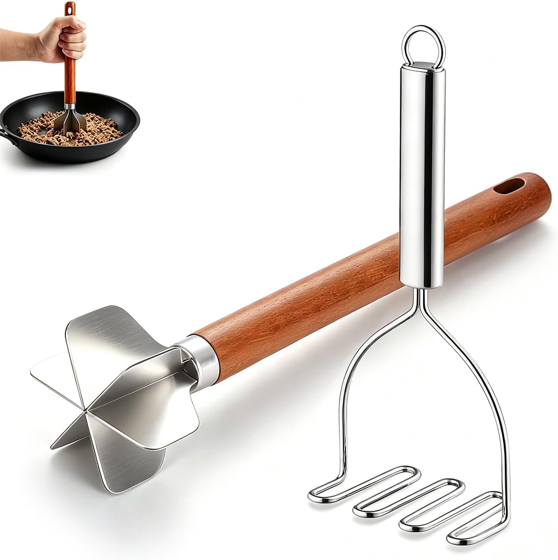 Meat Chopper Potato Masher Set of 2, Berglander Heat Resistant Meat Masher for Hamburger, Ground Beef Smasher, Mash Kitchen Tools & Utensils for Avocado, Salad, Vegetables, Fruit, Food Potato, Tomato