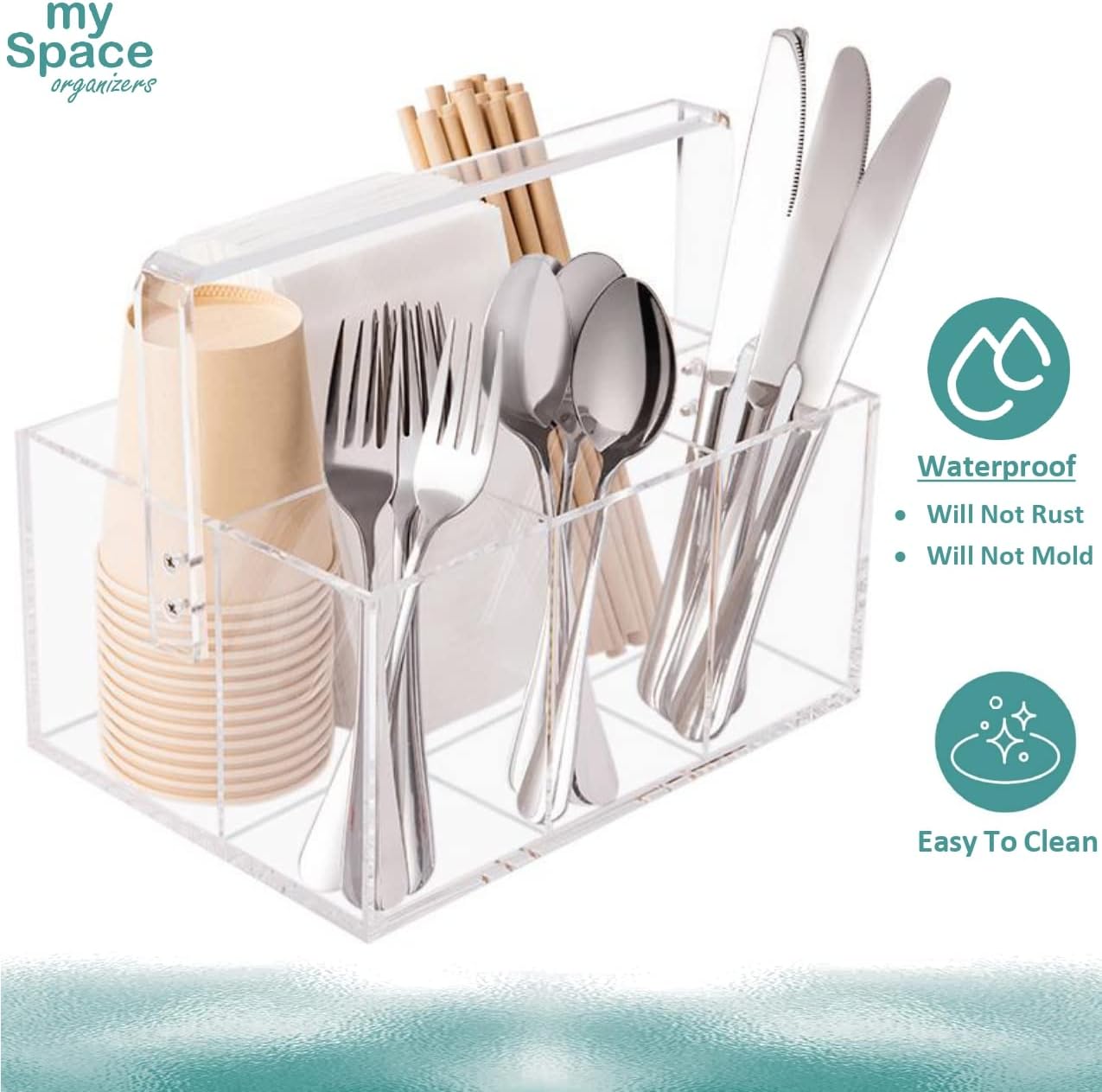 My Space Organizers Utensil Holder Organizer Silverware Caddy For Napkins Flatware Cutlery Spoon Fork Knife Plastic Acrylic Portable with Handle