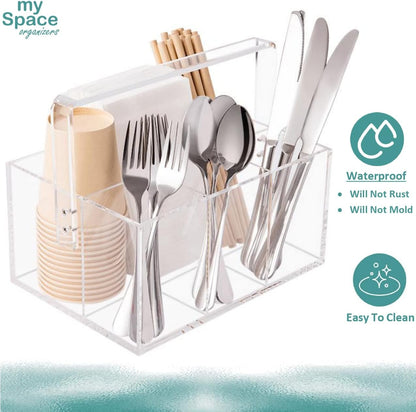 My Space Organizers Utensil Holder Organizer Silverware Caddy For Napkins Flatware Cutlery Spoon Fork Knife Plastic Acrylic Portable with Handle