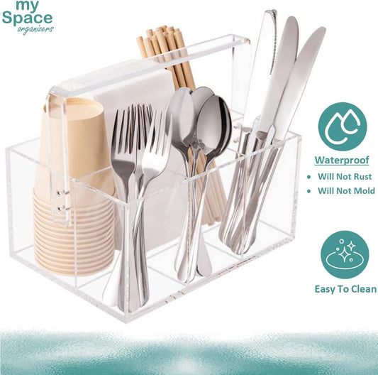 My Space Organizers Utensil Holder Organizer Silverware Caddy For Napkins Flatware Cutlery Spoon Fork Knife Plastic Acrylic Portable with Handle