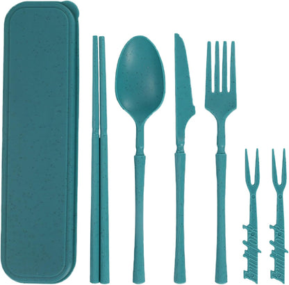 Reusable Travel Utensils Set with Case, Wheat Straw Portable Plastic Fork Spoon Knife Chopsticks Camping Cutlery, Eco-Friendly BPA Free Tableware Picnic Flatware for Kids Adults or Daily Use (Pink)