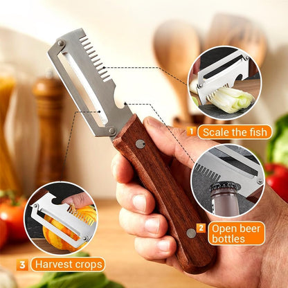 Multifunctional Vegetable Peeler, 2-in-1 Peelers For Kitchen with Bottle Opener, Sharp Stainless Steel Swivel Blade, Wooden Handle, For Vegetables or Fruits that Need to Be Peeled (2)2PCS