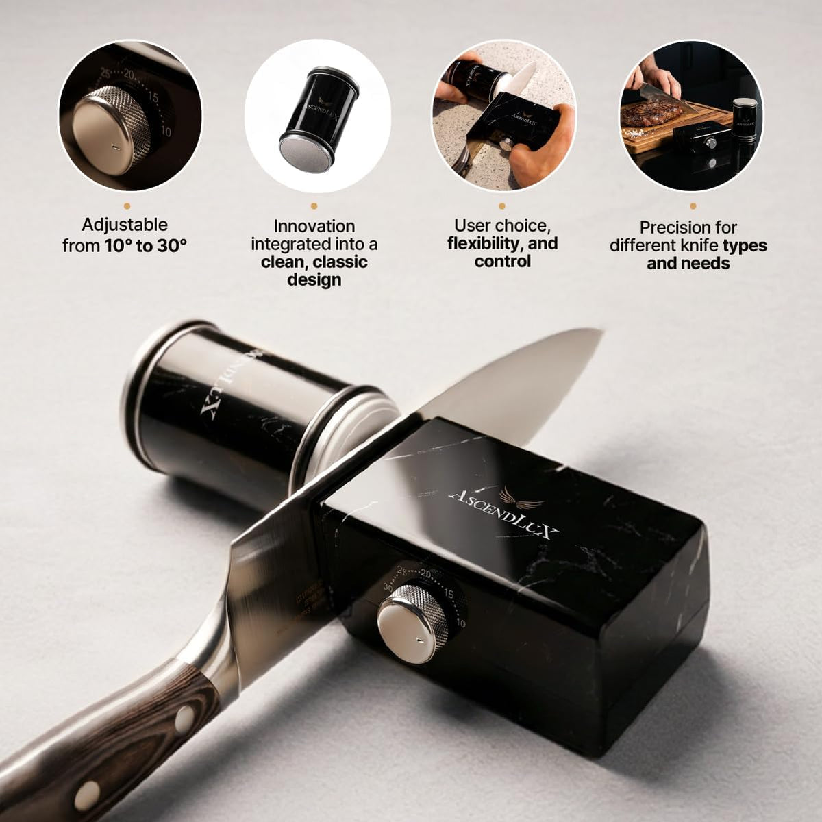 Knife Sharpener, Rolling Knife Sharpener Kit, Adjustable 10-30° Angle, 4-Disc Knife Sharpening Kit, Diamond, Whetstone & Ceramic Discs, Leather Strop, Magnetic Base