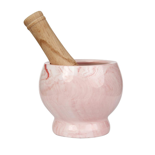 Mortar and Pestle Set- Ceramic Kitchen Mortar and Pestle for Spices, Herbs & More- Durable Mortar with Anti-Slip Base and Sturdy Wooden Pestle with Finest Grinding Ability- 2.6 Cups Capacity