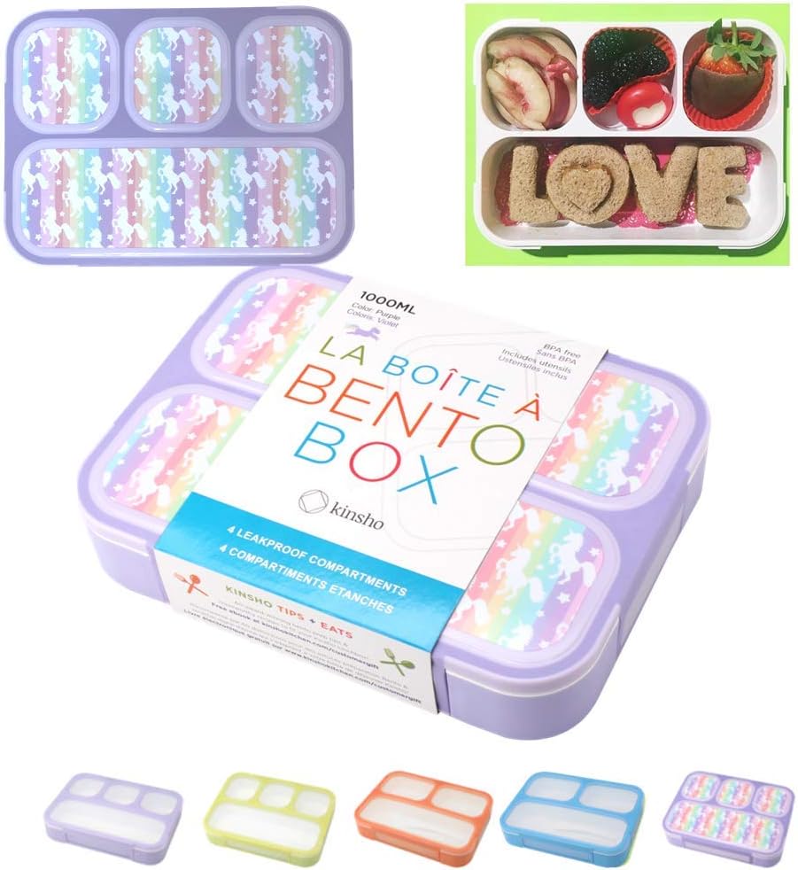 Bento Lunch Box for Kids or Adults, Snack Containers for Boys, Girls, School Daycare Work, 3 Divided Compartments Meal Planning Portion Control, BPA-Free Boxes, Utensils | Blue Purple 2 pack
