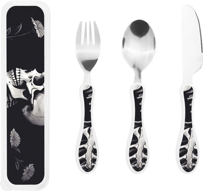 3-Piece Kids Silverware Set With Storage Case, Stainless Steel Reusable Children Safe Knife Spoon Fork Set Butterfly On Beautiful Flower Children Flatware Set For Kids Lunch Box
