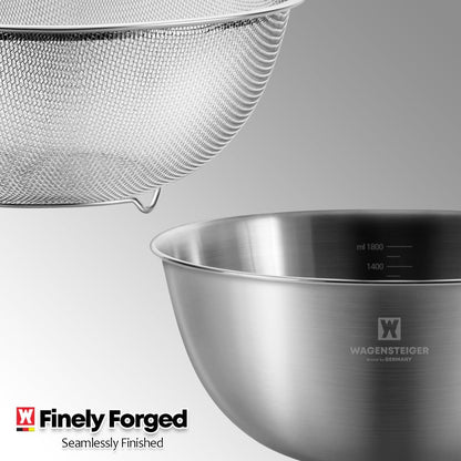 WAGENSTEIGER Stainless Steel Mixing Bowl and 3-Legged Colander Set, Multipurpose Kitchen Basket with Fine Mesh Colander, Salad Mixing Bowl with Strainer, Rinsing Vegetables & Fruits (24cm / 9.45")